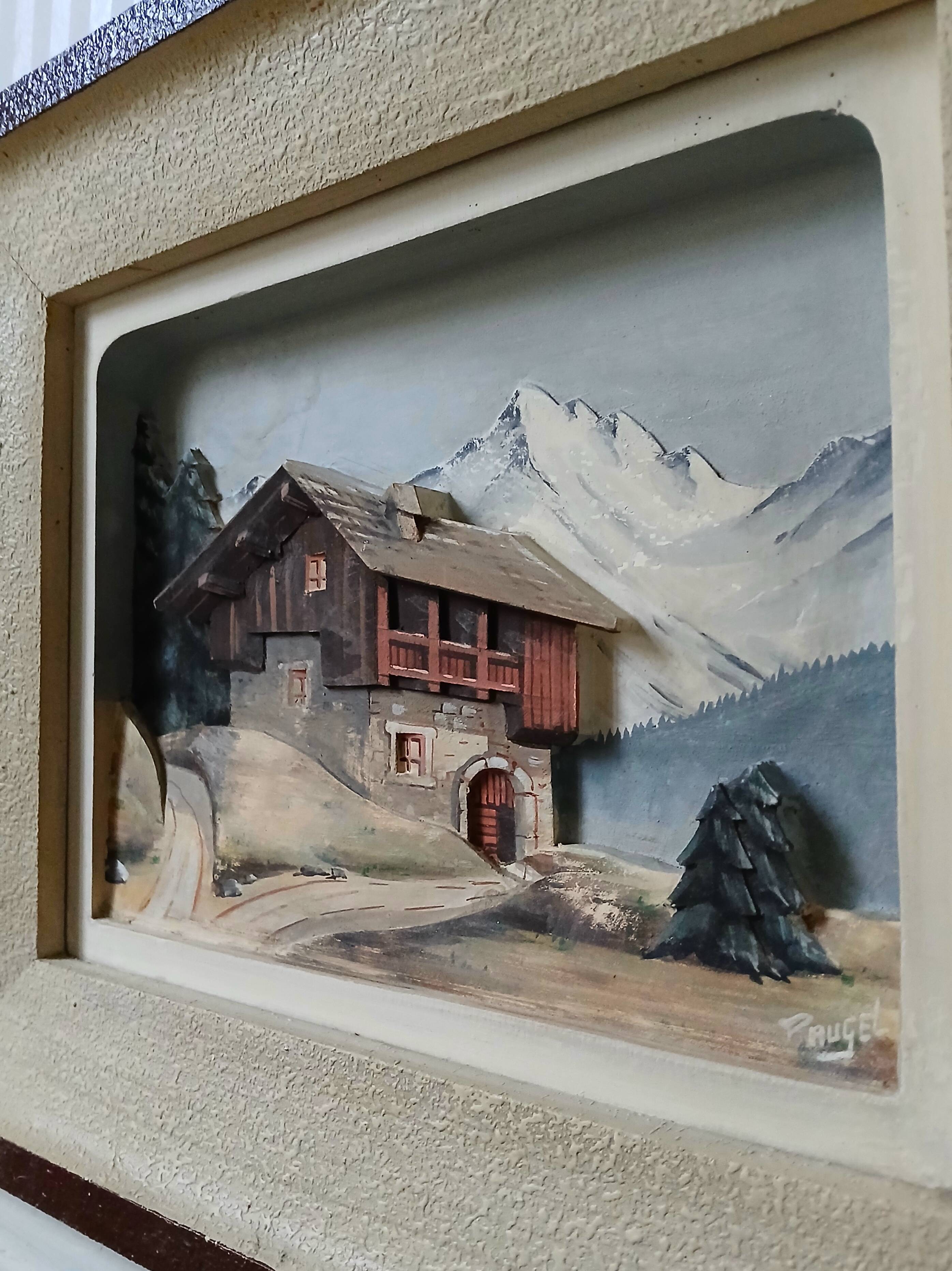 François Raugel, chalet in the mountains, painting on carved wood.