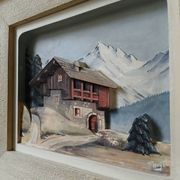 François Raugel, chalet in the mountains, painting on carved wood.