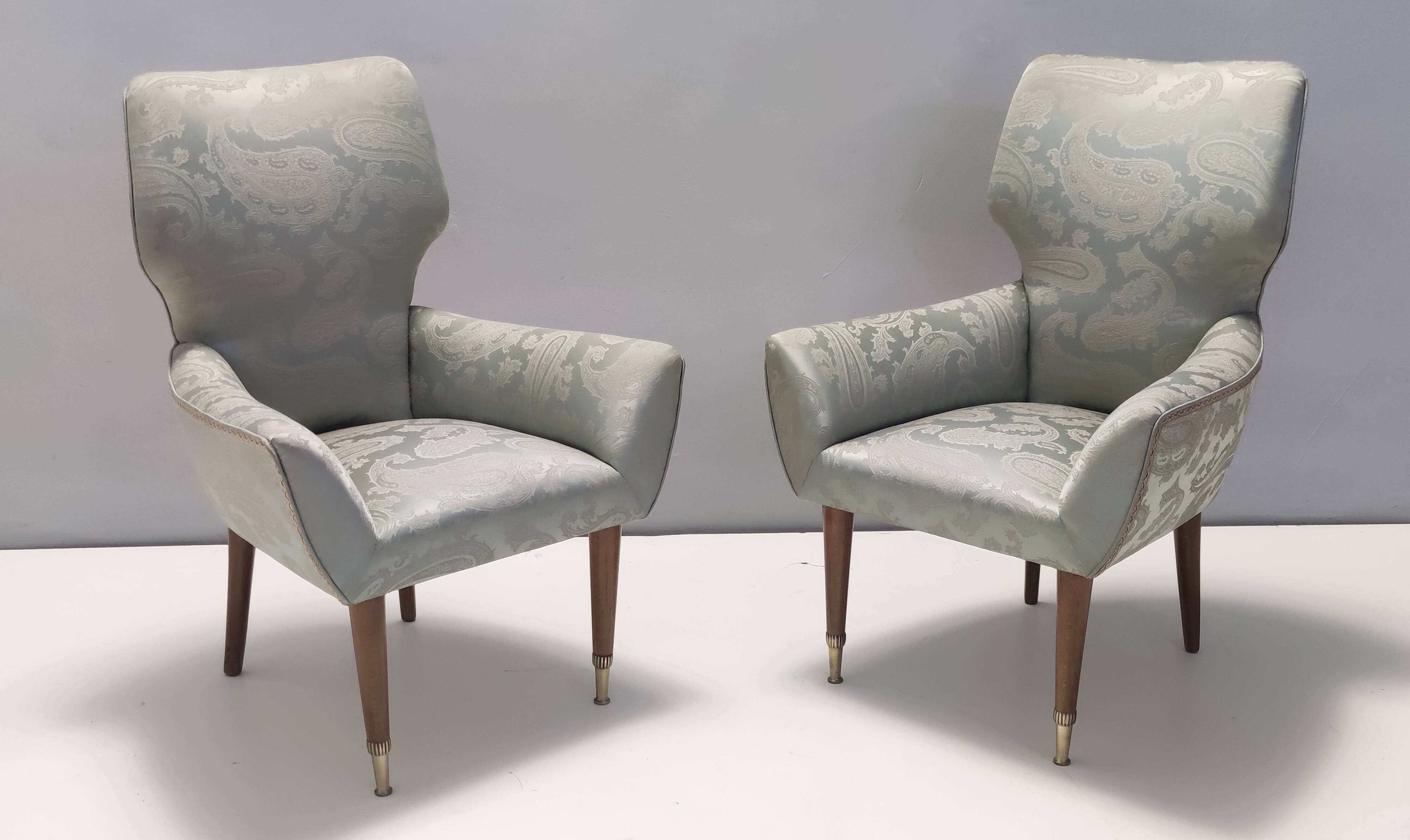 Pair of Grey Satin Lounge Chairs with Walnut Frame and Brass Feet Caps