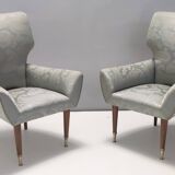 Pair of Grey Satin Lounge Chairs with Walnut Frame and Brass Feet Caps