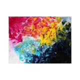 Acrylic painting on canvas in blue, pink, and yellow.