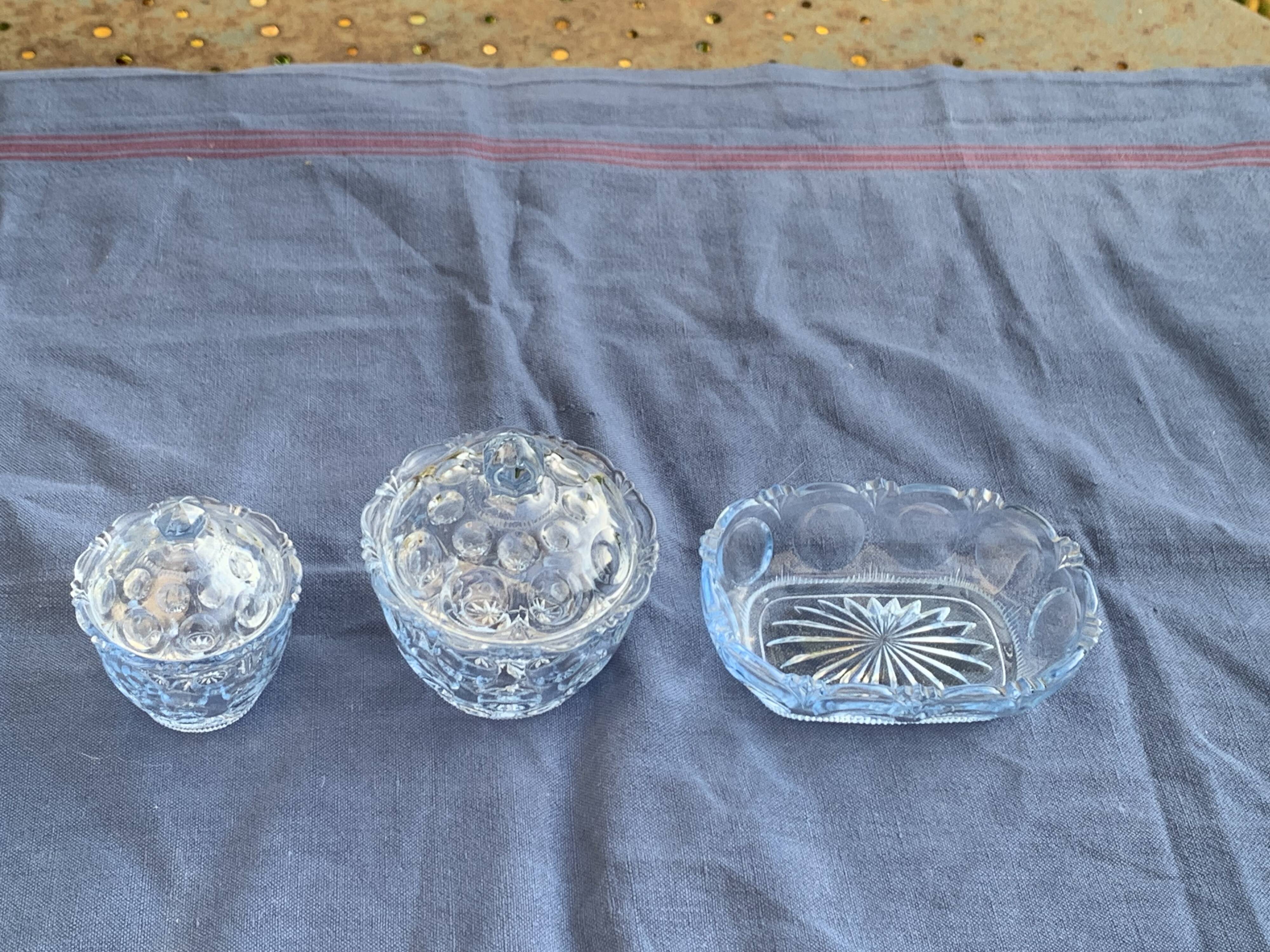 Lot consisting of 3 glassware, lavender blue, two jars with lids and a pocket emptier, vintage