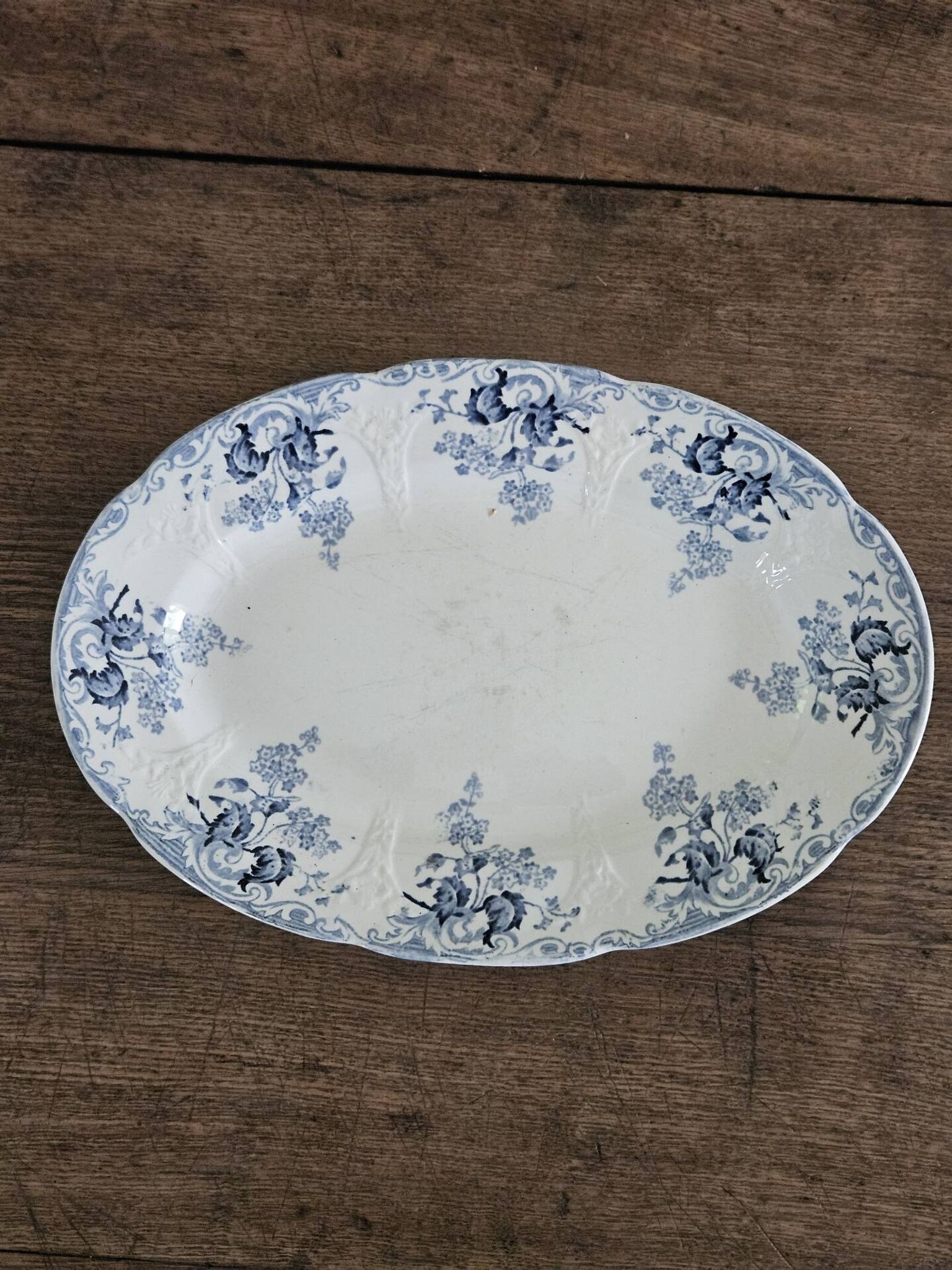 Plat ovale faience Longwy modèle Joinville n*243 bleu terre de fer