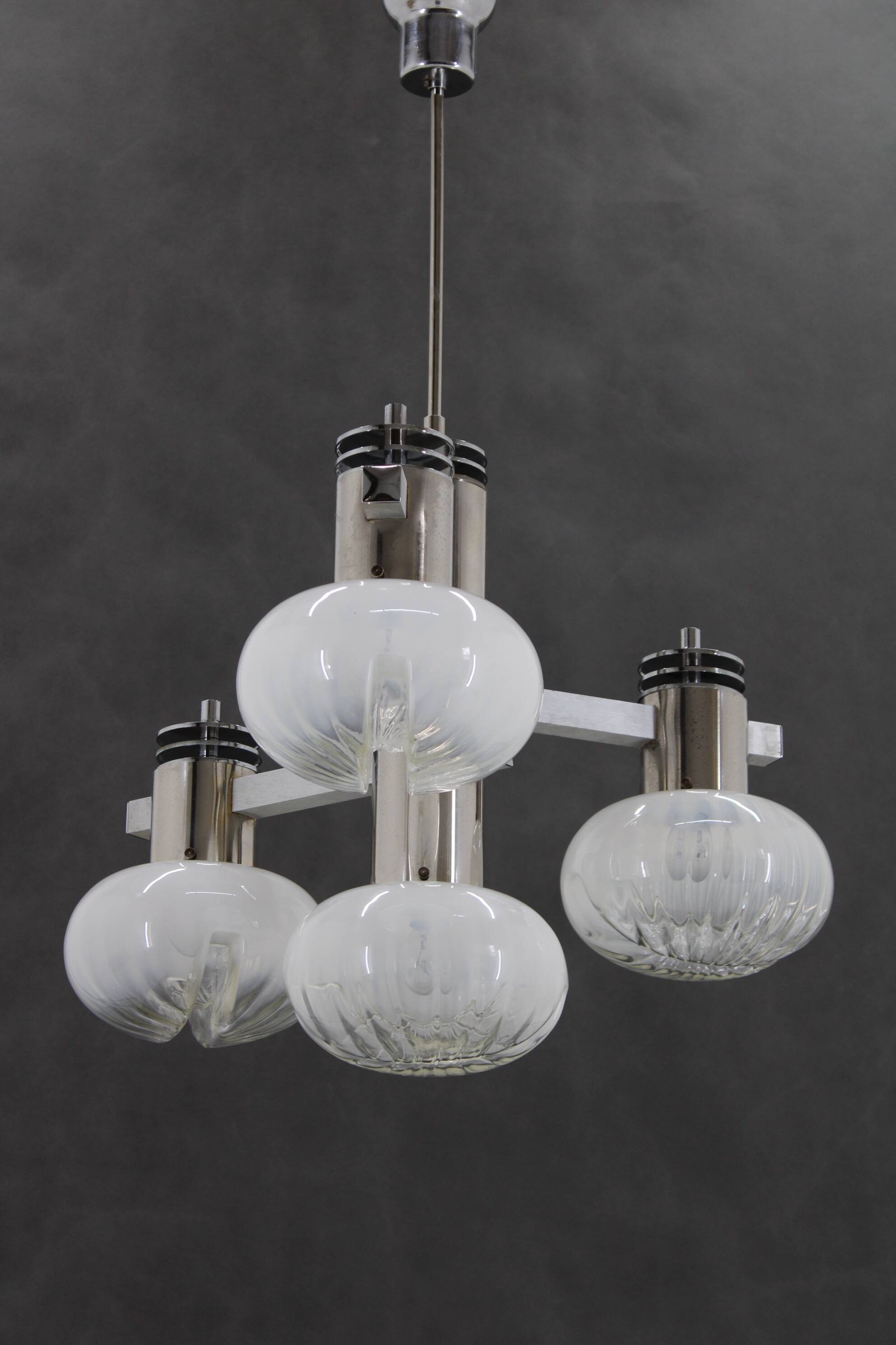 1970s Chrome Plated Chandelier with Murano Glass , Italy