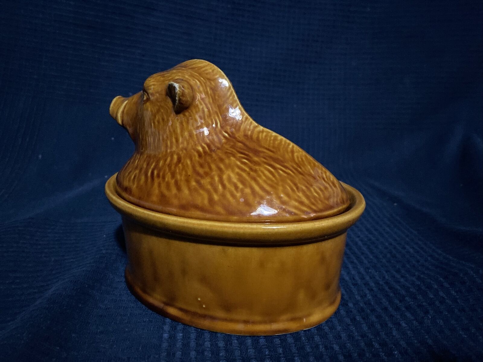 Ceramic terrine dish decorated with vintage wild boar hunting