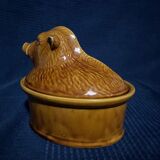 Ceramic terrine dish decorated with vintage wild boar hunting
