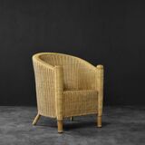 Vintage Mid-Century Italian Modern Boho Rattan Barrel Chair, 1970s