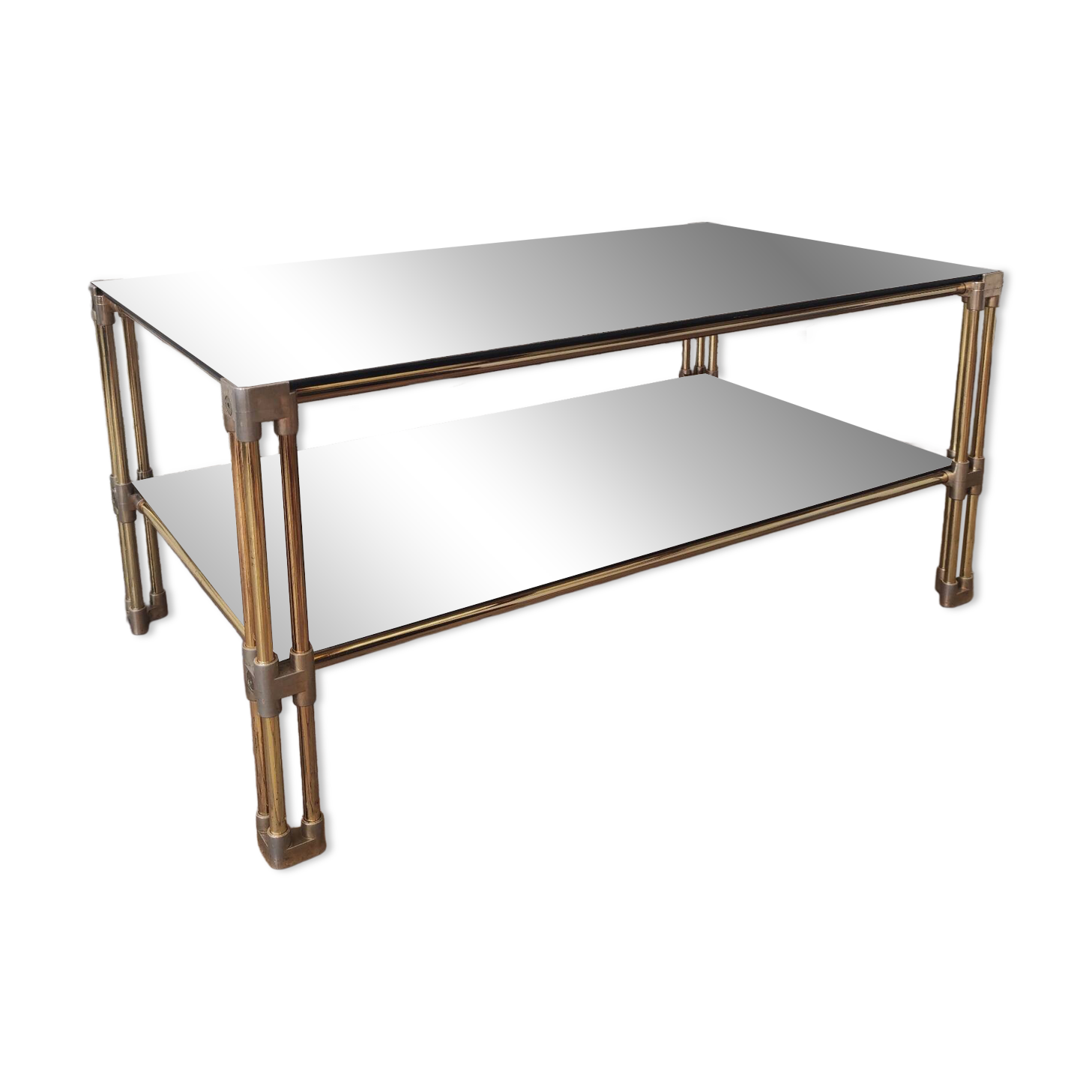Table basse double plateau vintage en laiton et verre fumé – Années 70