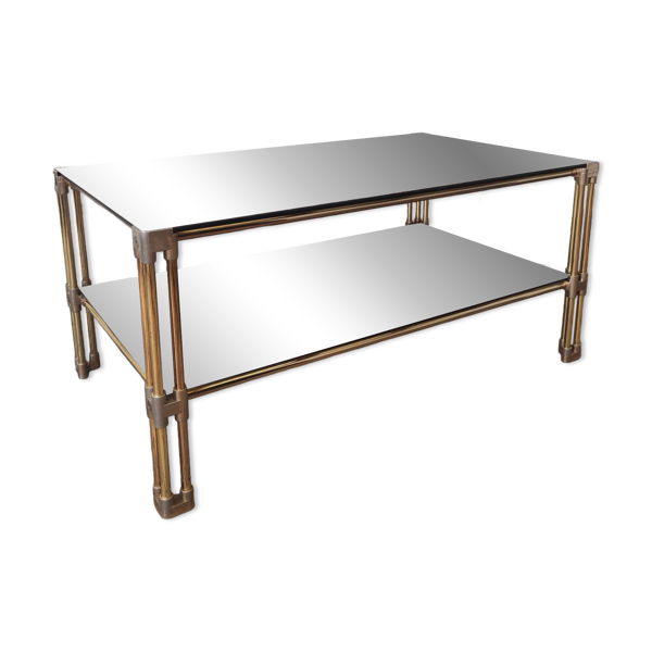 Table basse double plateau vintage en laiton et verre fumé – Années 70