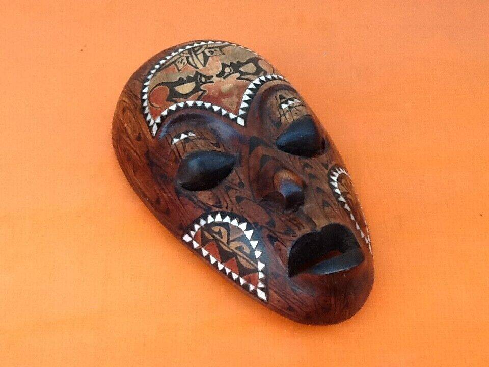 African / Tribal hanging mask Carved wood inlaid with mother-of-pearl