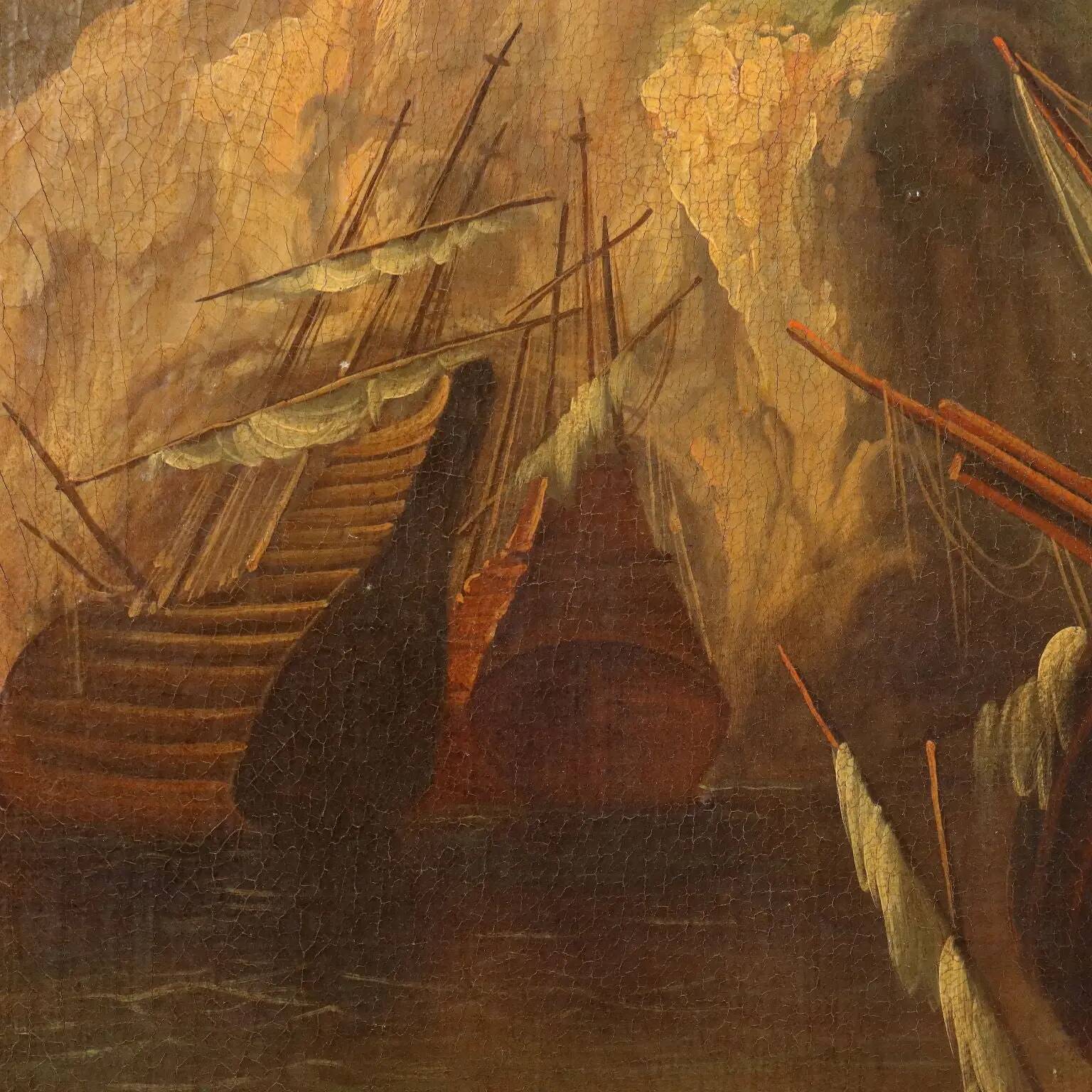 Peinture ancienne paysage avec bateau, huile sur toile, Italie, XXe siècle