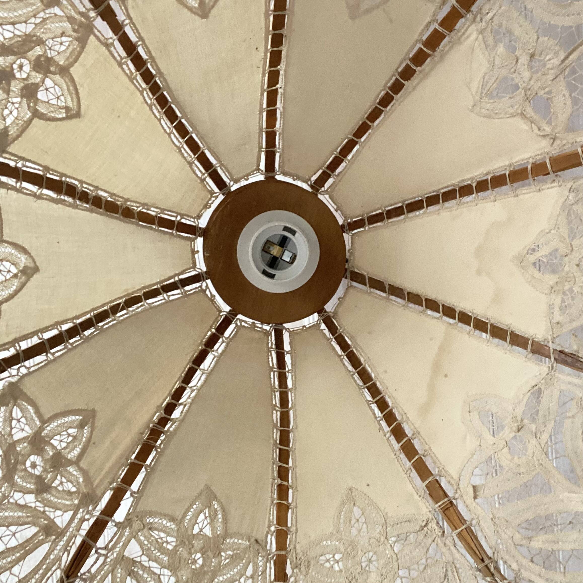 Antique hanging lampshade in rattan and openwork embroidered fabric