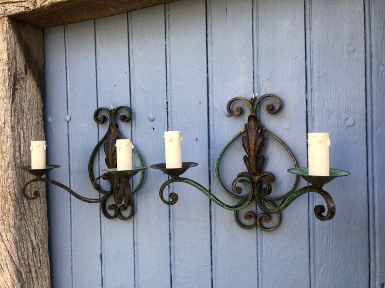 Art Deco Wrought Iron Wall Sconces: French Tole Twin Arm Lights