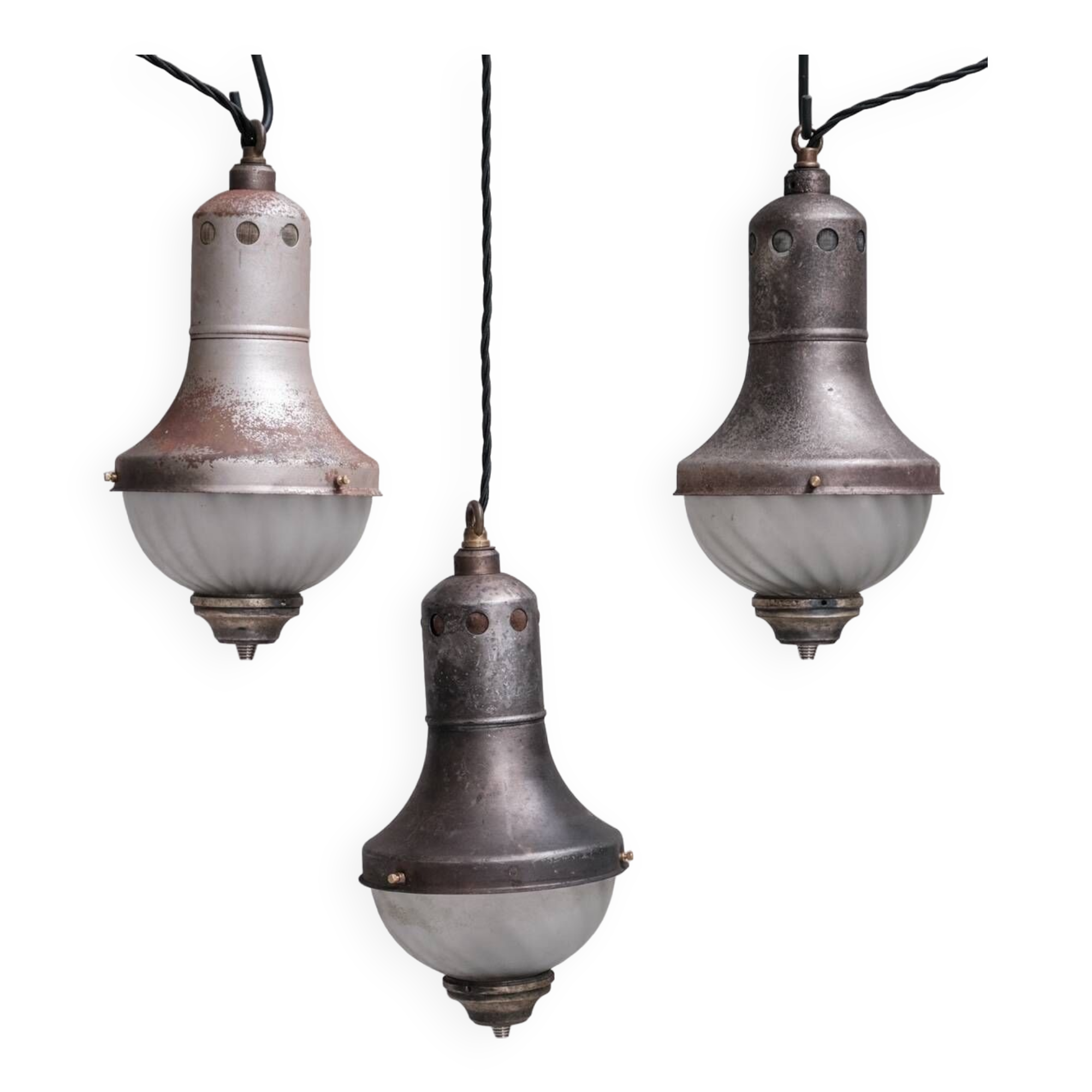 Set of Three Etched Glass Antique Pendant Lights