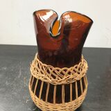 Carafe juice service with 4 orange blown glass glasses + vintage wicker