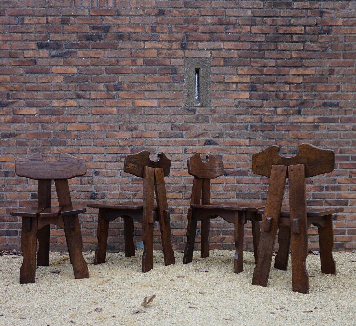 Dutch brutalist solid oak dining chairs, 1970s, set of 4
