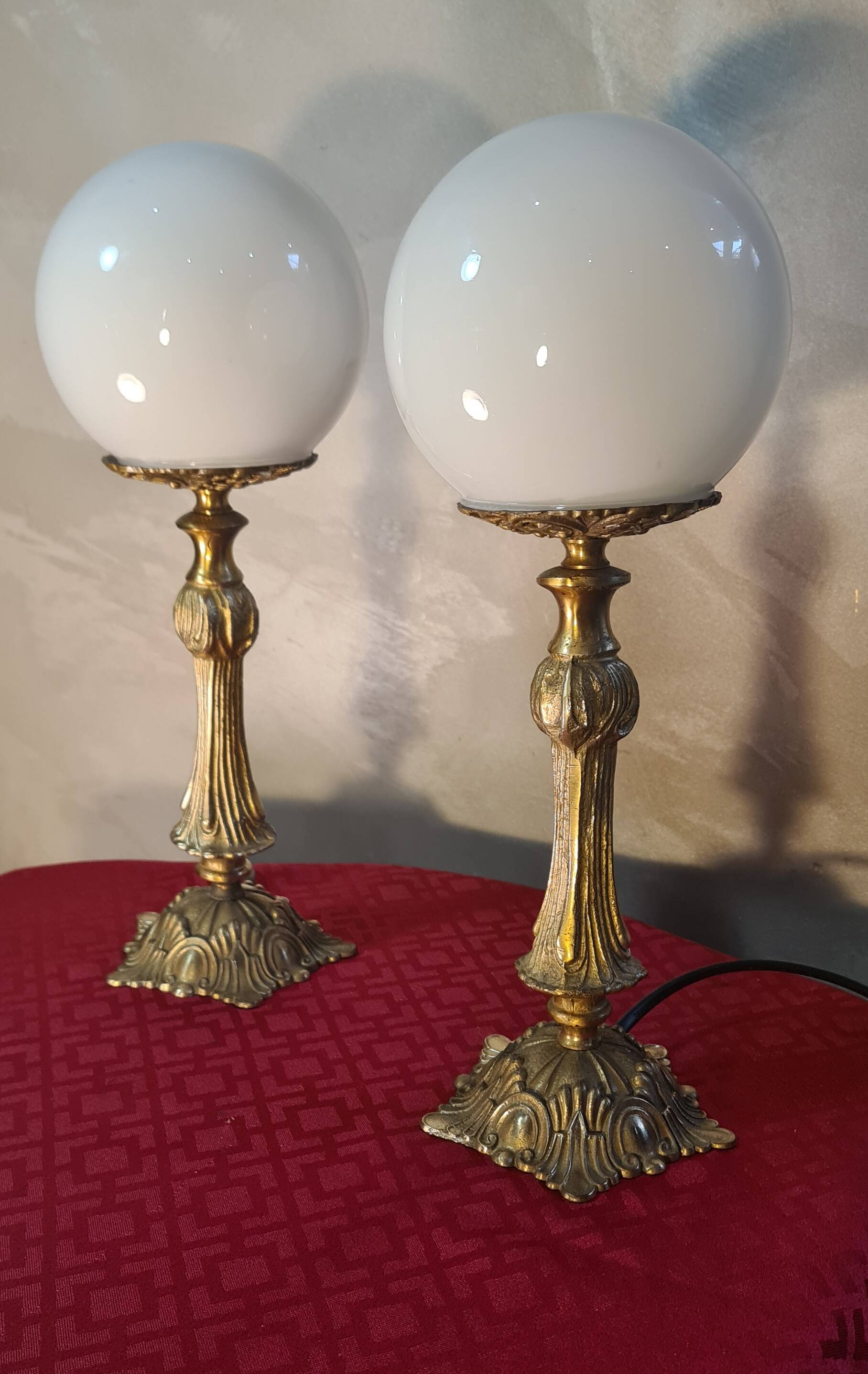 pair of bronze and opaline bedside lamps 31x11 electric refurbished