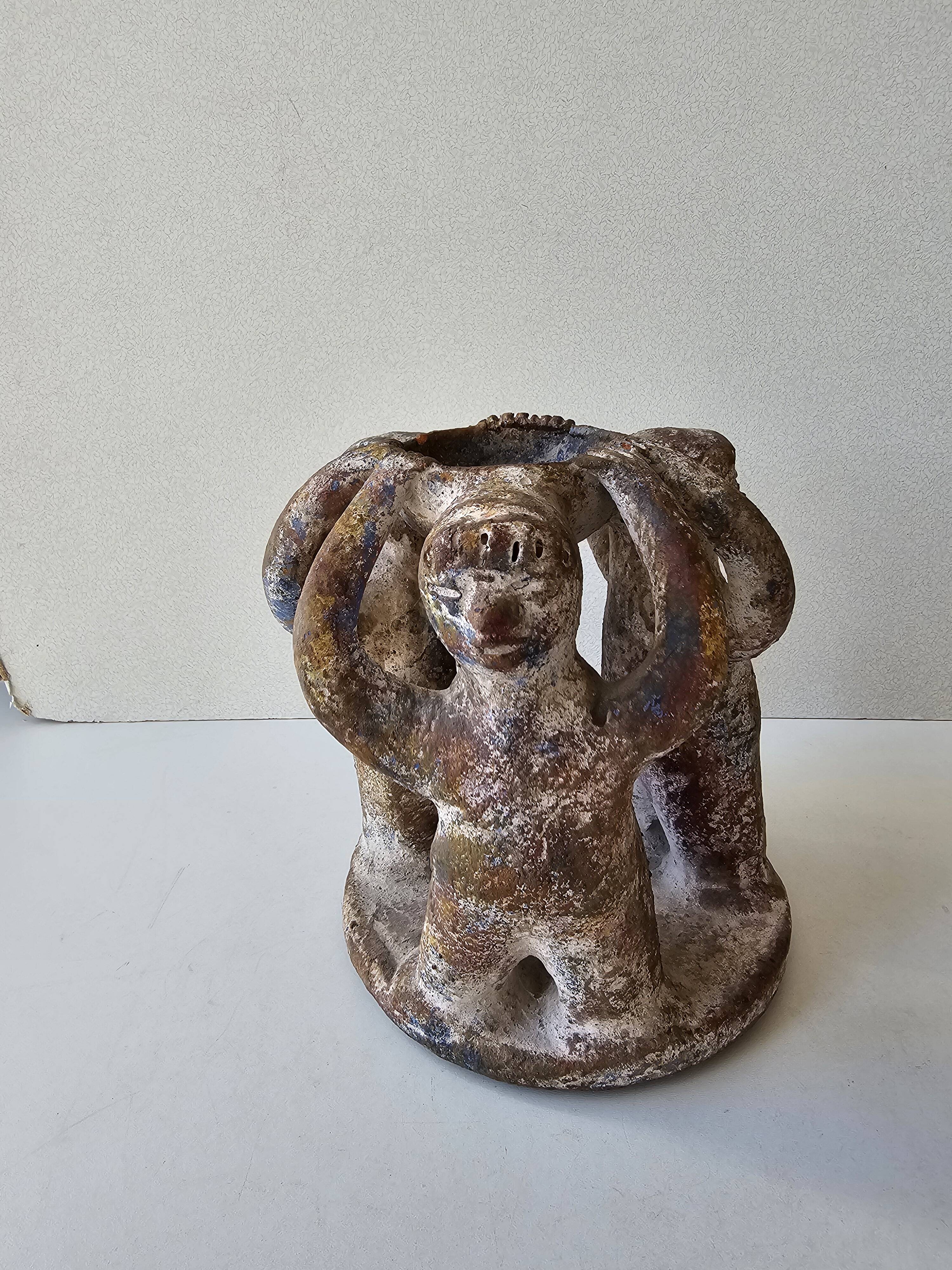 Terracotta Candle Holder Dancing 3 Aztec Characters - Tribal Art