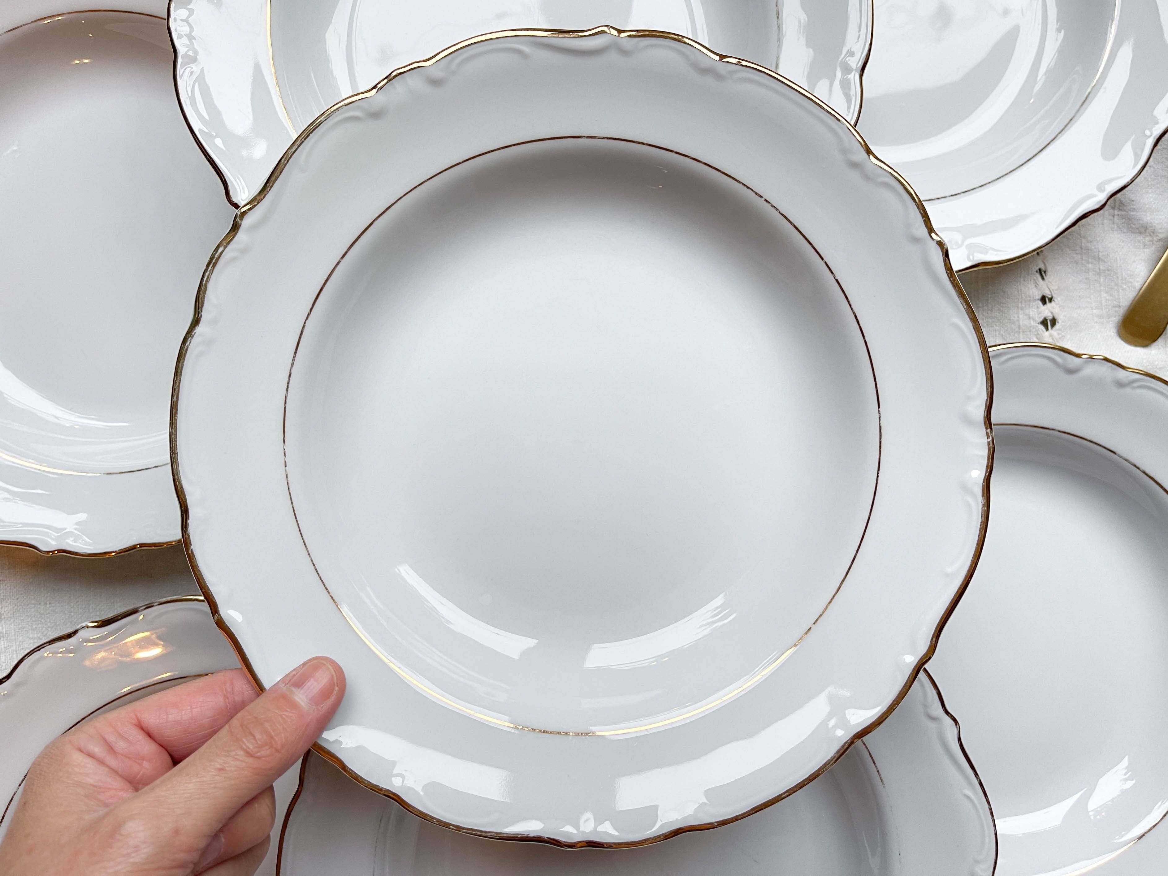 7 French Winterling BAVARIA white and gold porcelain soup plates