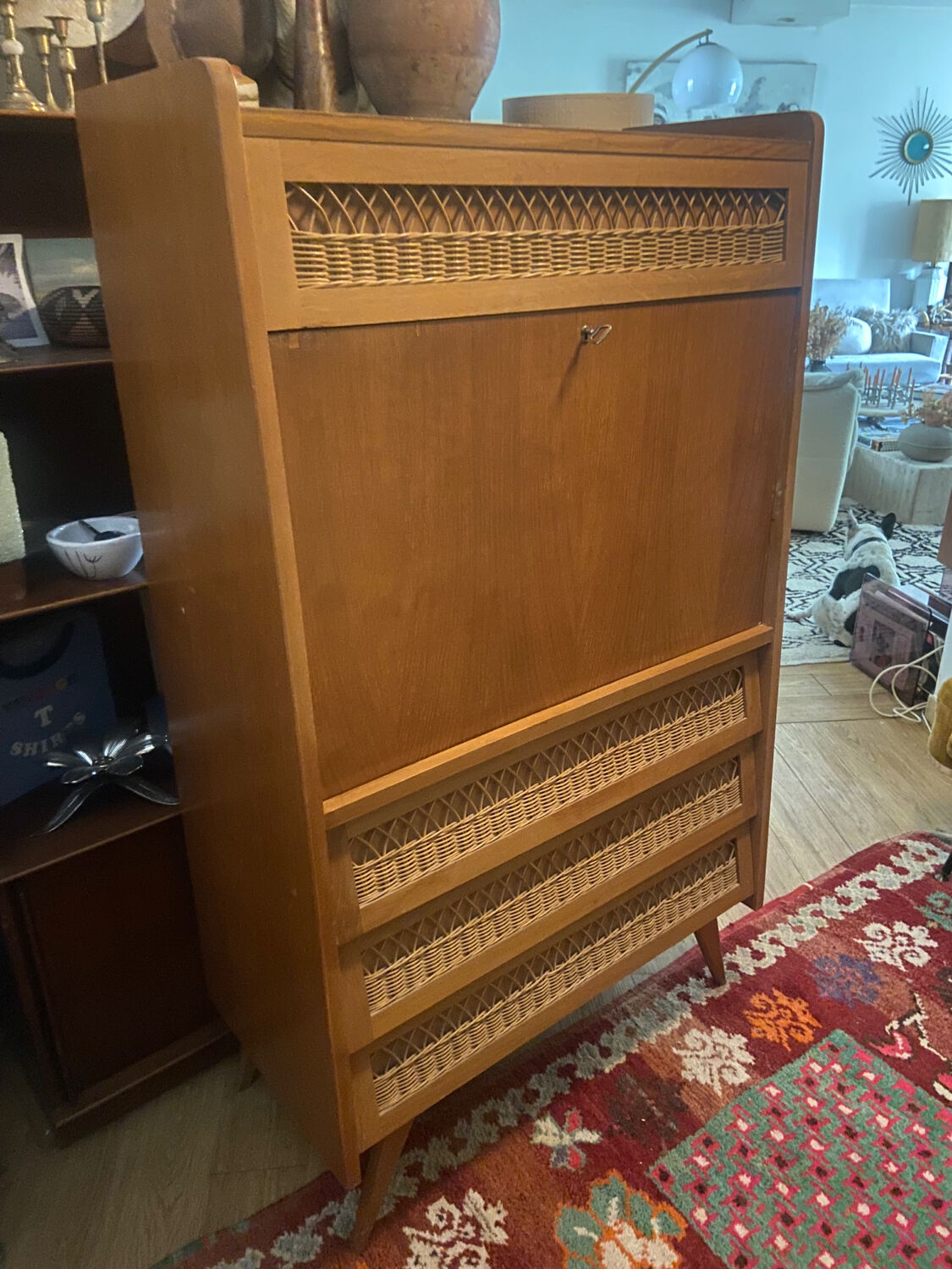 Vintage wooden and rattan secretary