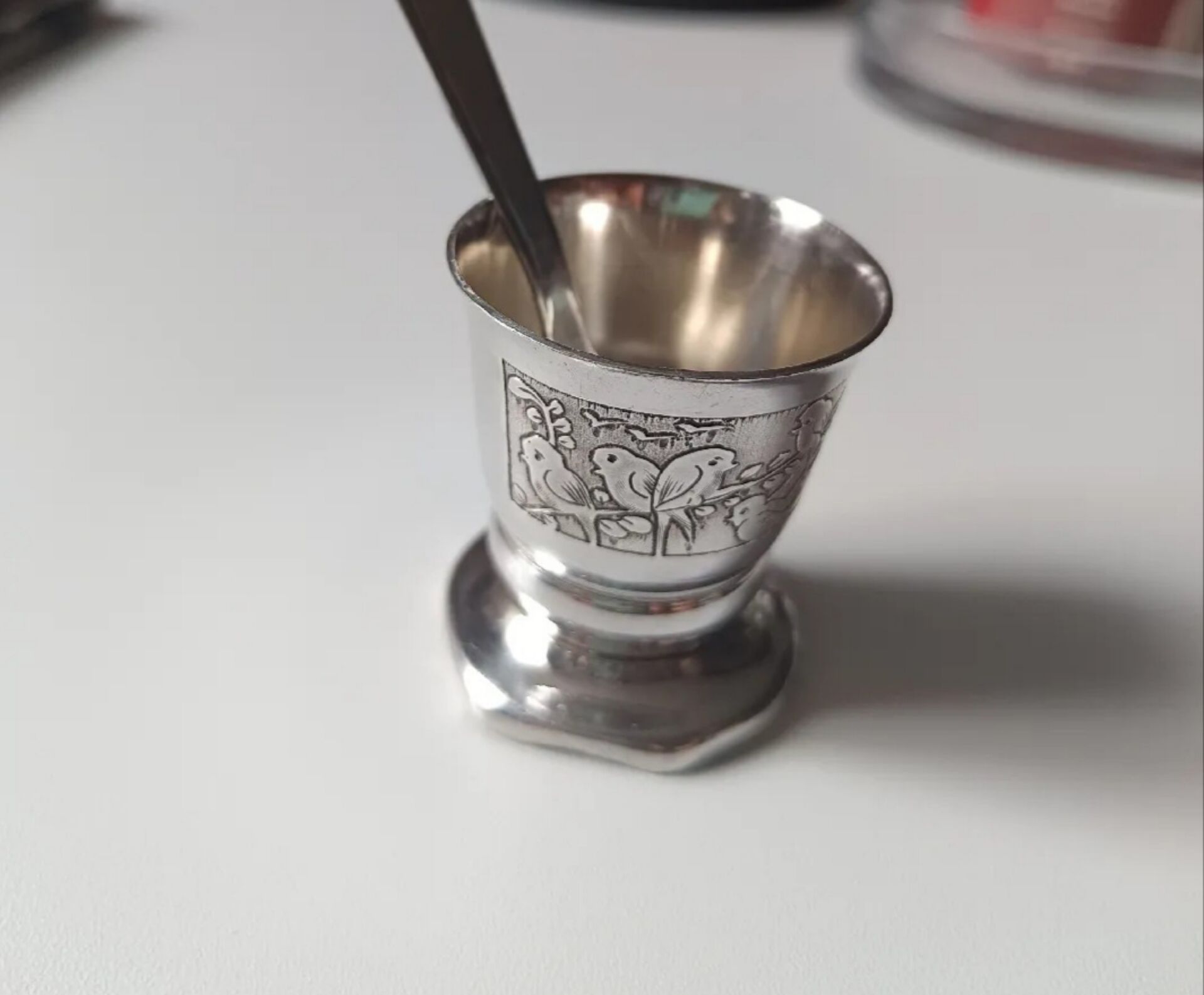 Antique Baptismal Cup + Silver-Plated Spoon - Bird Decoration -