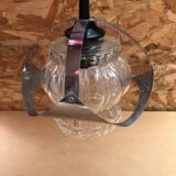 Old atomic age pendant lamp chromed metal & molded glass 70's vintage