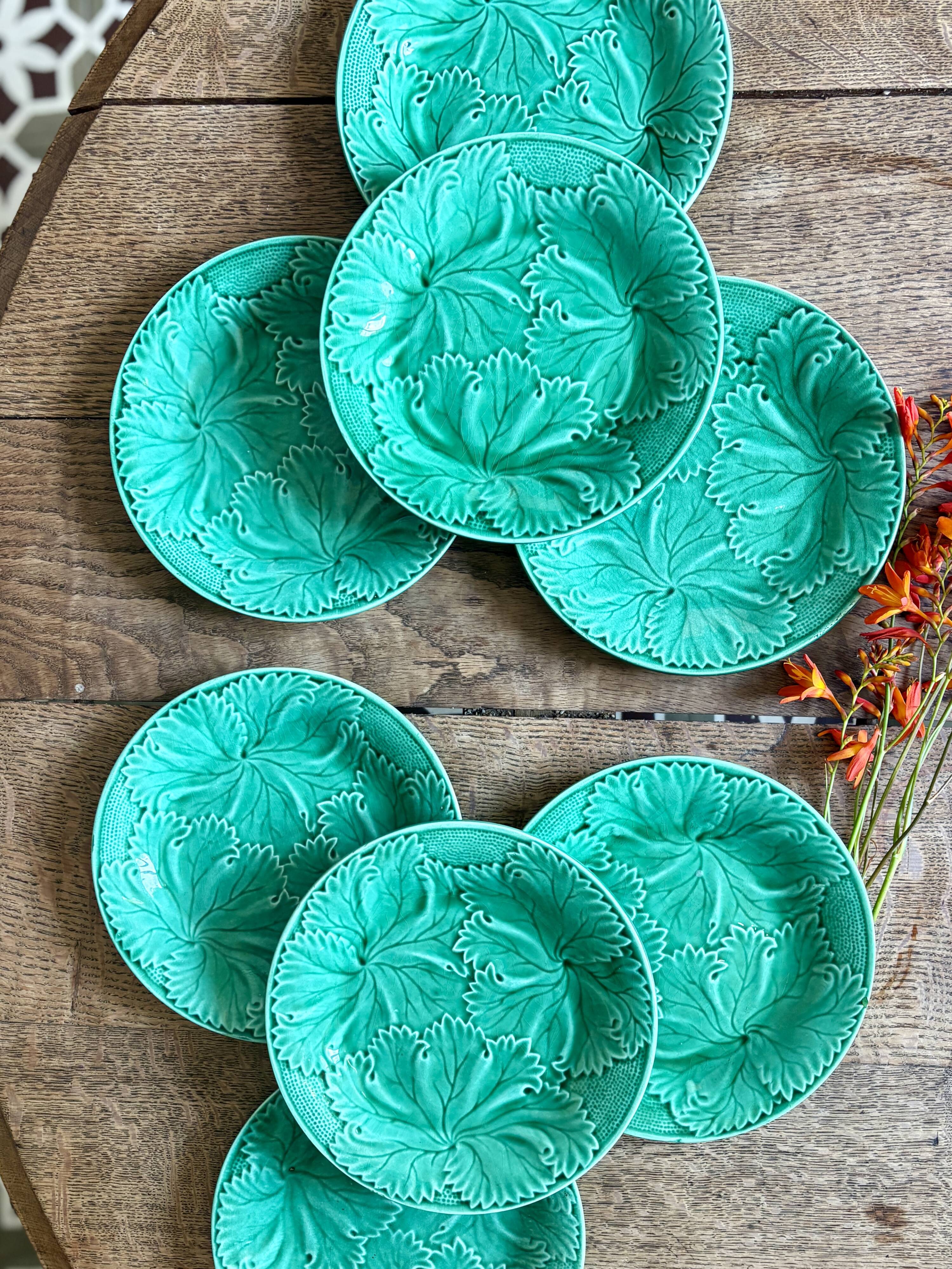 Set of 8 vintage green faience dessert plates, majolica.