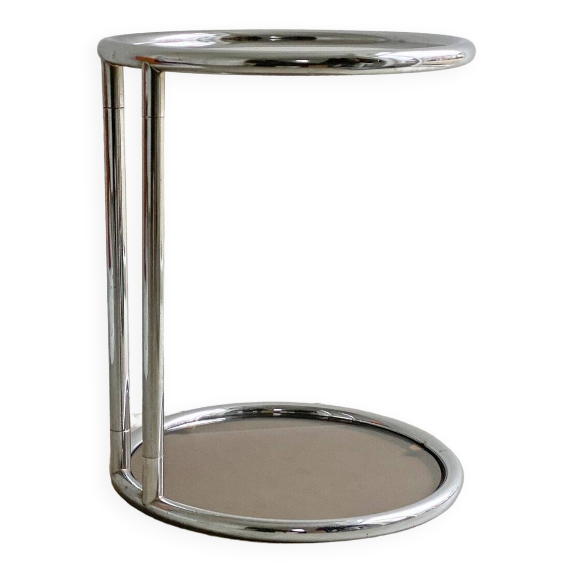 Vintage chrome Bauhaus side table with a smoked glass top, Eileen Gray / Milo Baughman style