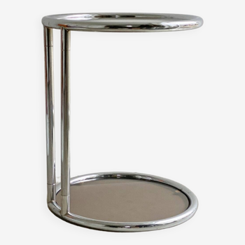 Vintage chrome Bauhaus side table with a smoked glass top, Eileen Gray / Milo Baughman style