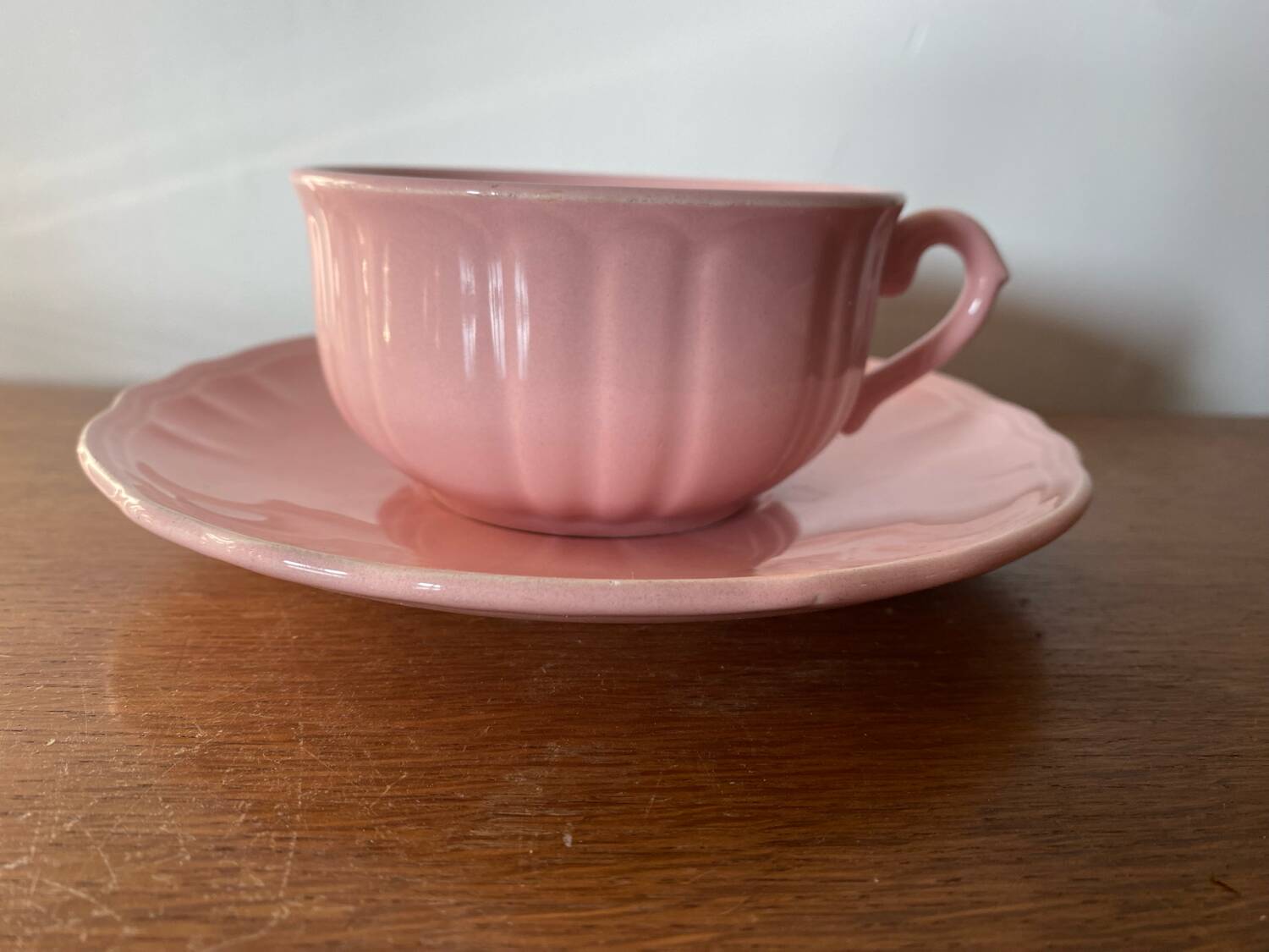 Antique salins les bains cup + saucer pink ceramic france vintage