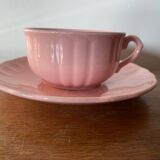 Antique salins les bains cup + saucer pink ceramic france vintage