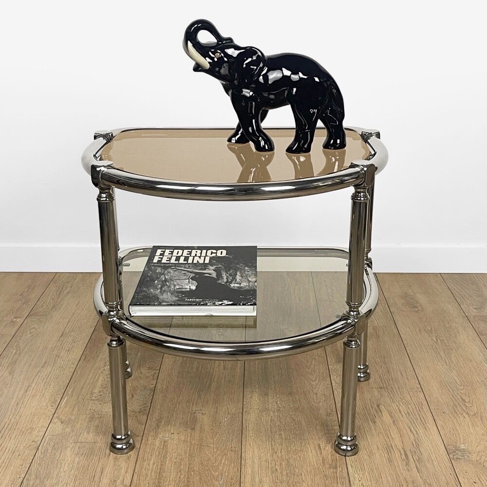 Half-moon side table double chrome tray and smoked glass 70's