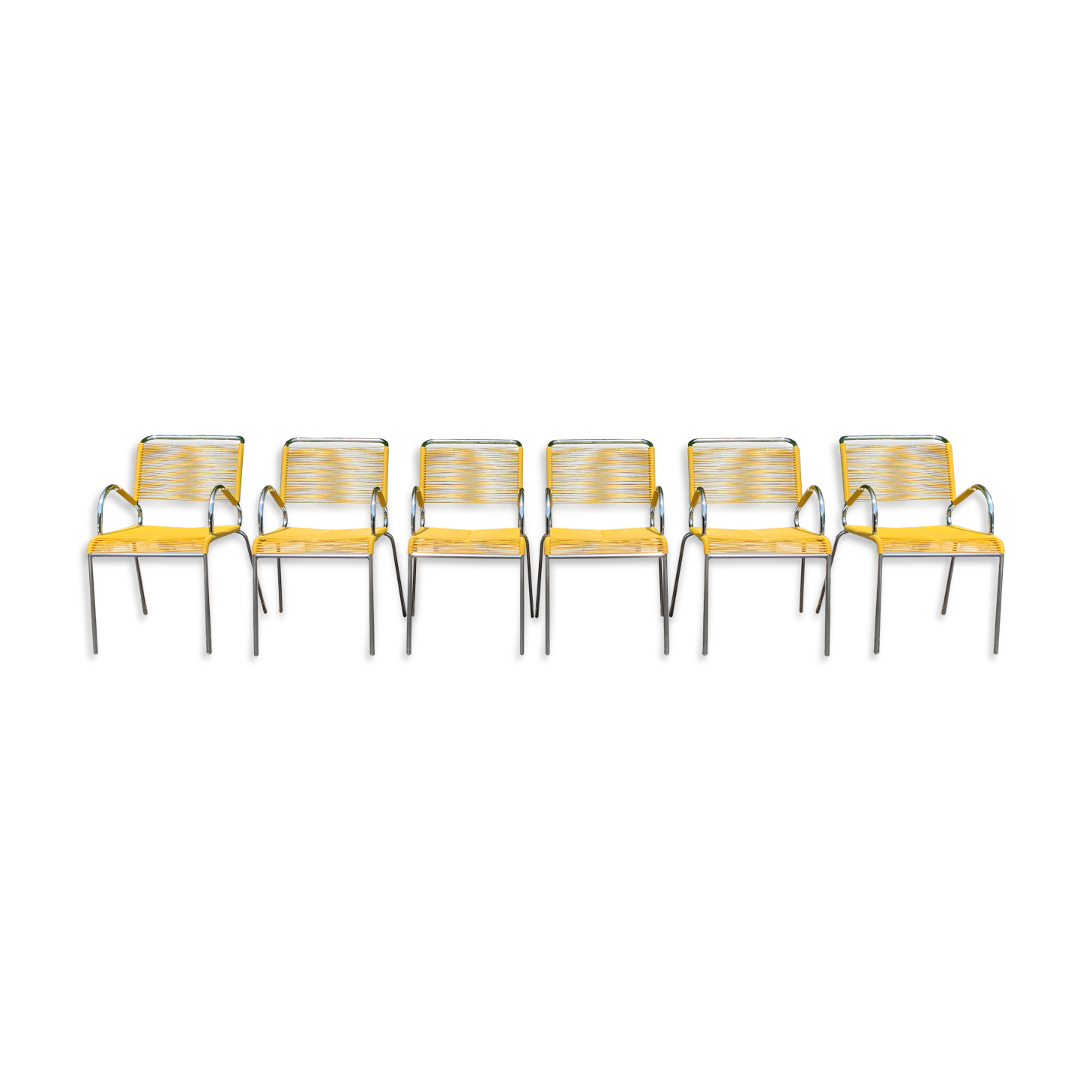 6 yellow and stackable armchairs, scoubidou by Dupré Perrin
