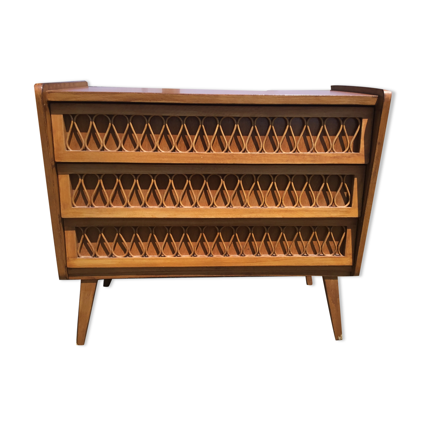 Vintage wood and rattan chest of drawers