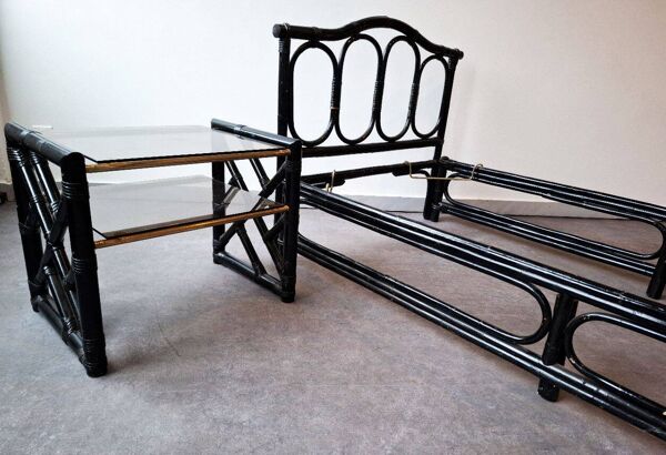 Ensemble lit et chevet en bambou & rotin, design italien, années 70