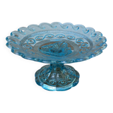 Ancien plat de service compotier sur piédouche en verre bleu