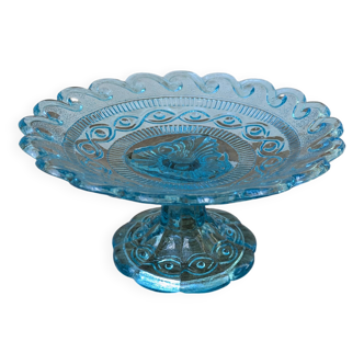 Old serving dish compote on pedestal in blue glass