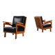 Pair of Belgian lounge chairs in solid oak with leather cushions