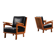 Pair of Belgian lounge chairs in solid oak with leather cushions