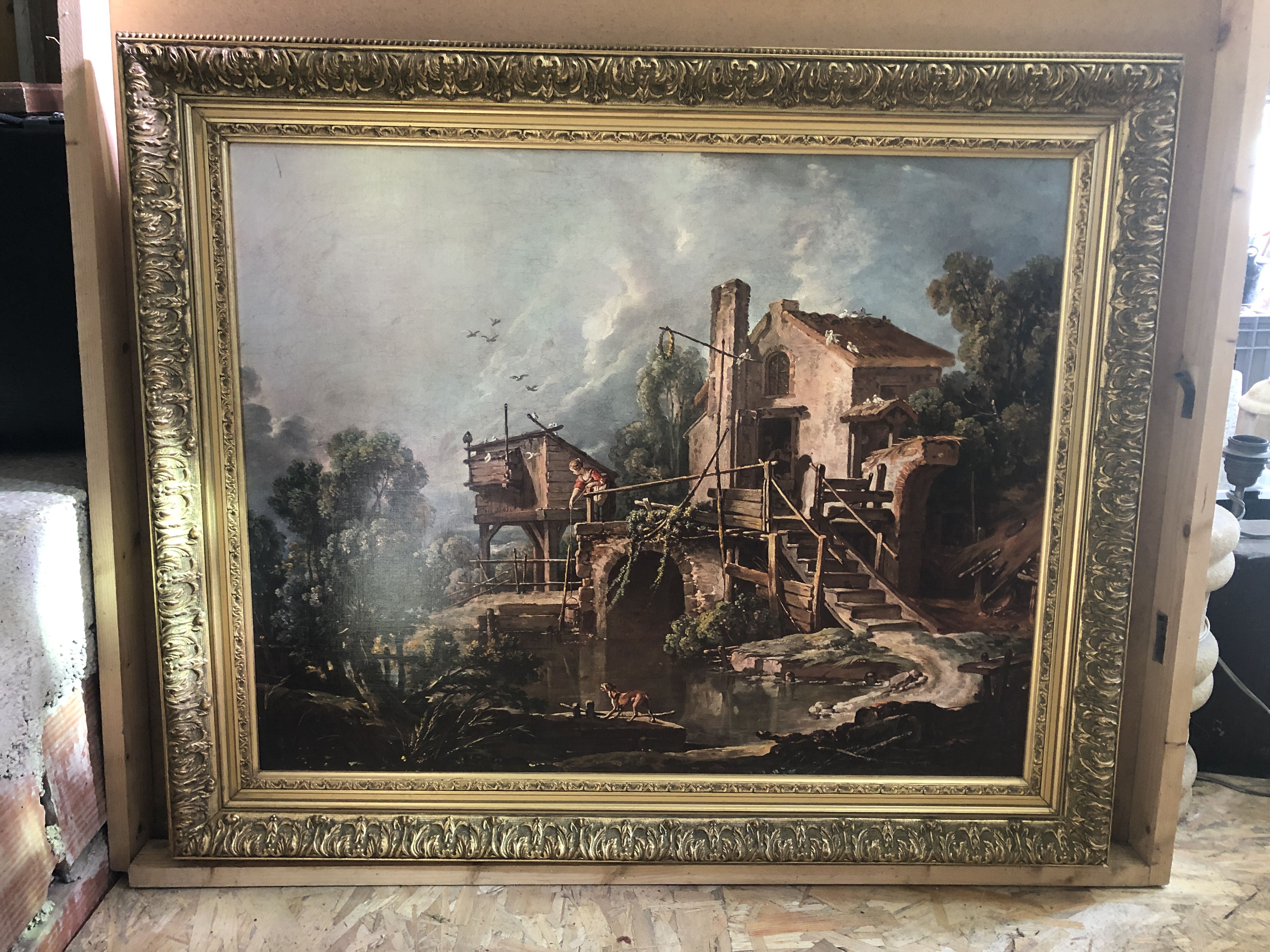Old painting print on canvas + frame carved wood Gilded Vintage