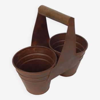 Double Metal Pot and Wooden Handle Cache Pot Indian Flea Market