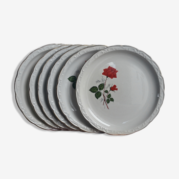 Série de 6 assiettes vintage Digoin-Sarreguemines roses rouges et bords plats