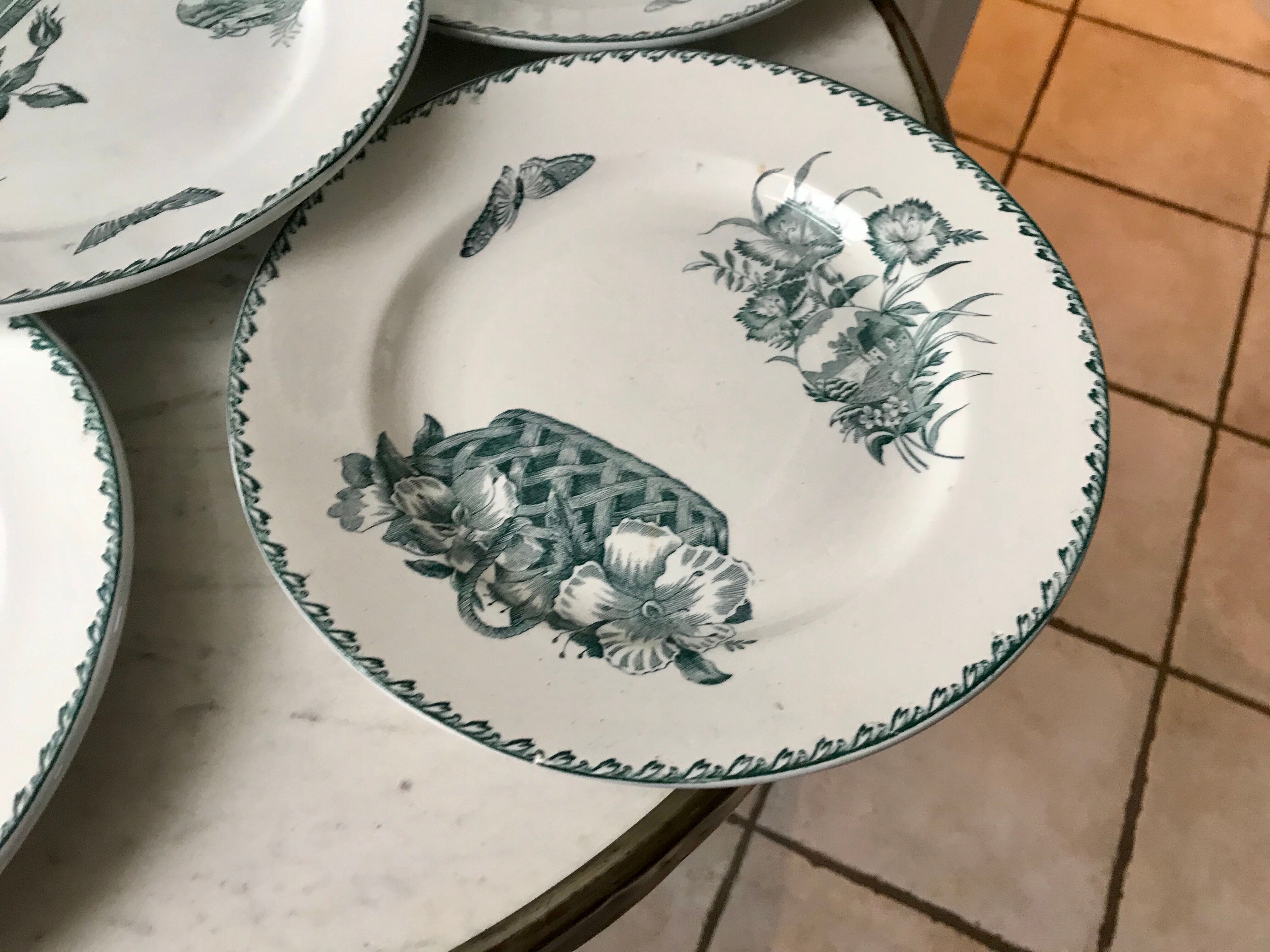 Set of 6 flat plates terre de fer saint-amand model "cartels" xixth