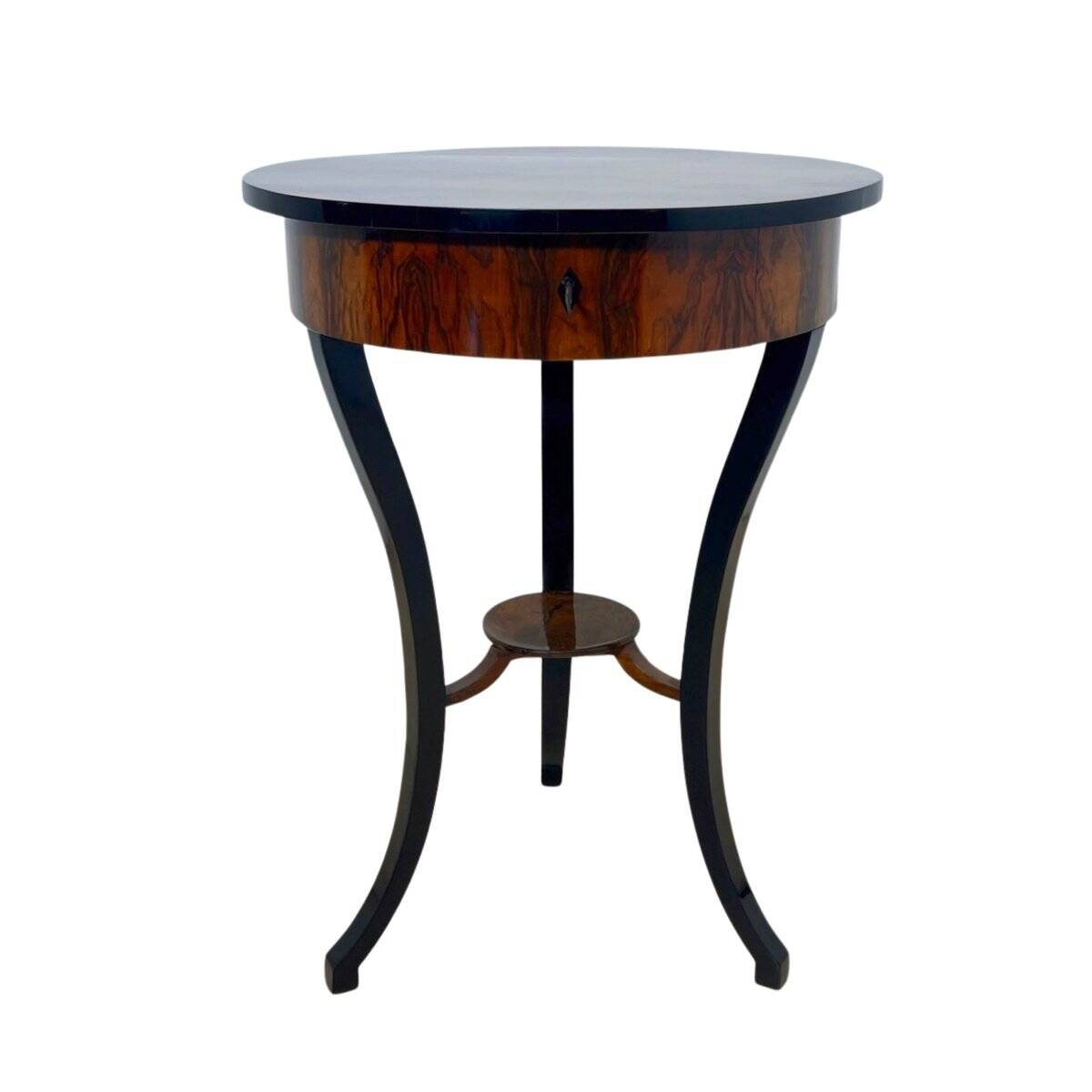 Round Biedermeier Sewing Table in Walnut with Ebonized Legs, South Germany, 1825