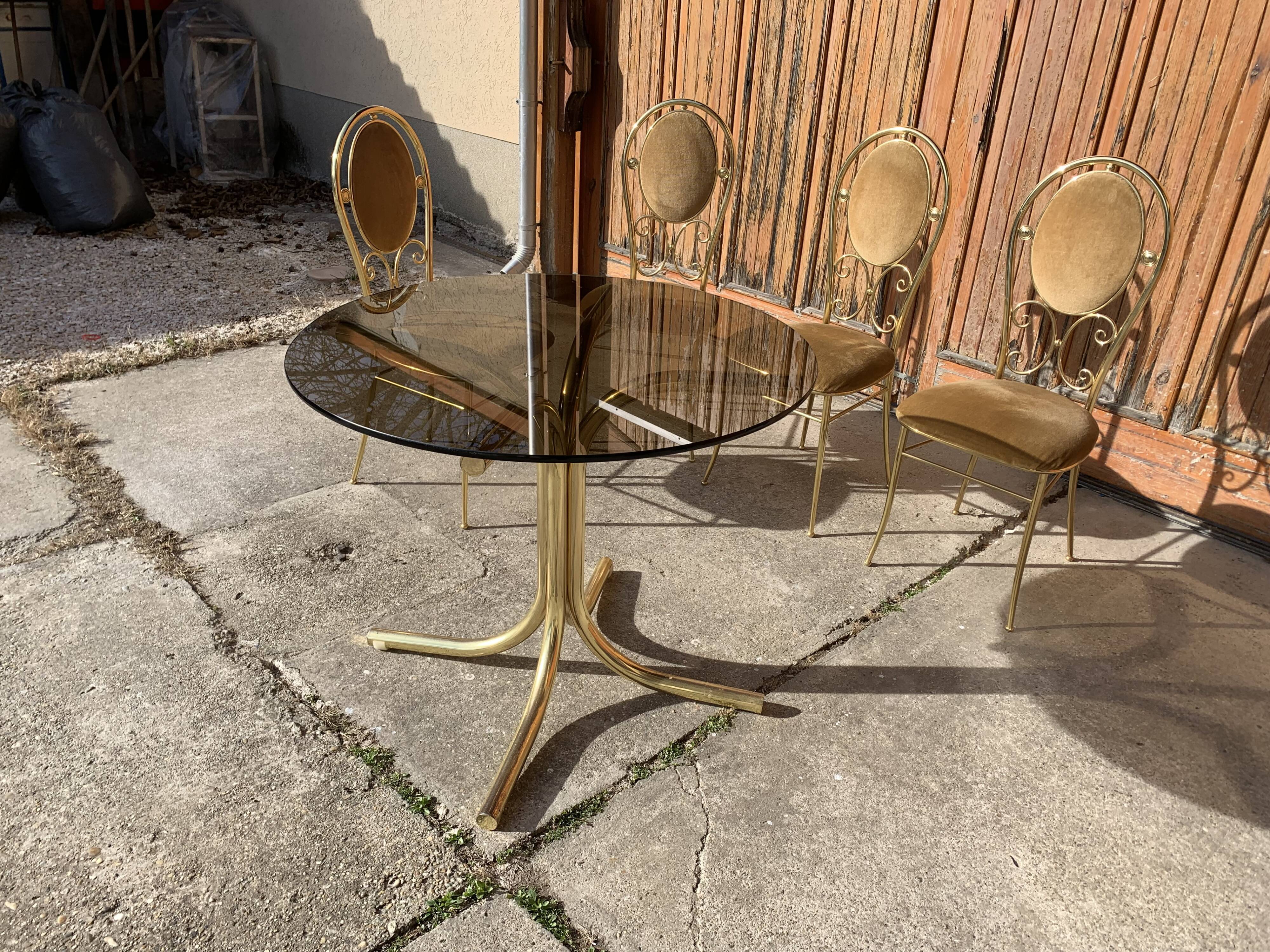 Vintage italian brass dining chairs and table by paolo salice, 1970s, set of 5