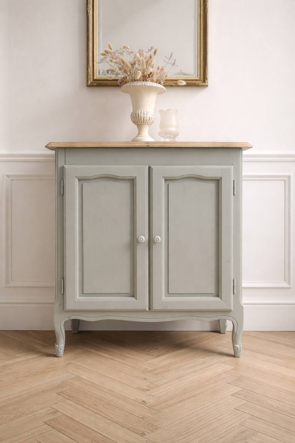 Small vintage piece of furniture with a shallow depth, re-enchanted in grey-green.