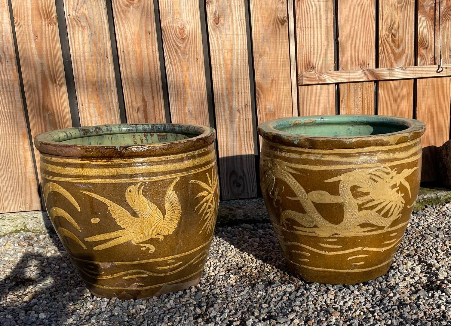 Two Antique Chinese Very Large Terracotta Pot Dragon Planting Plant Egg