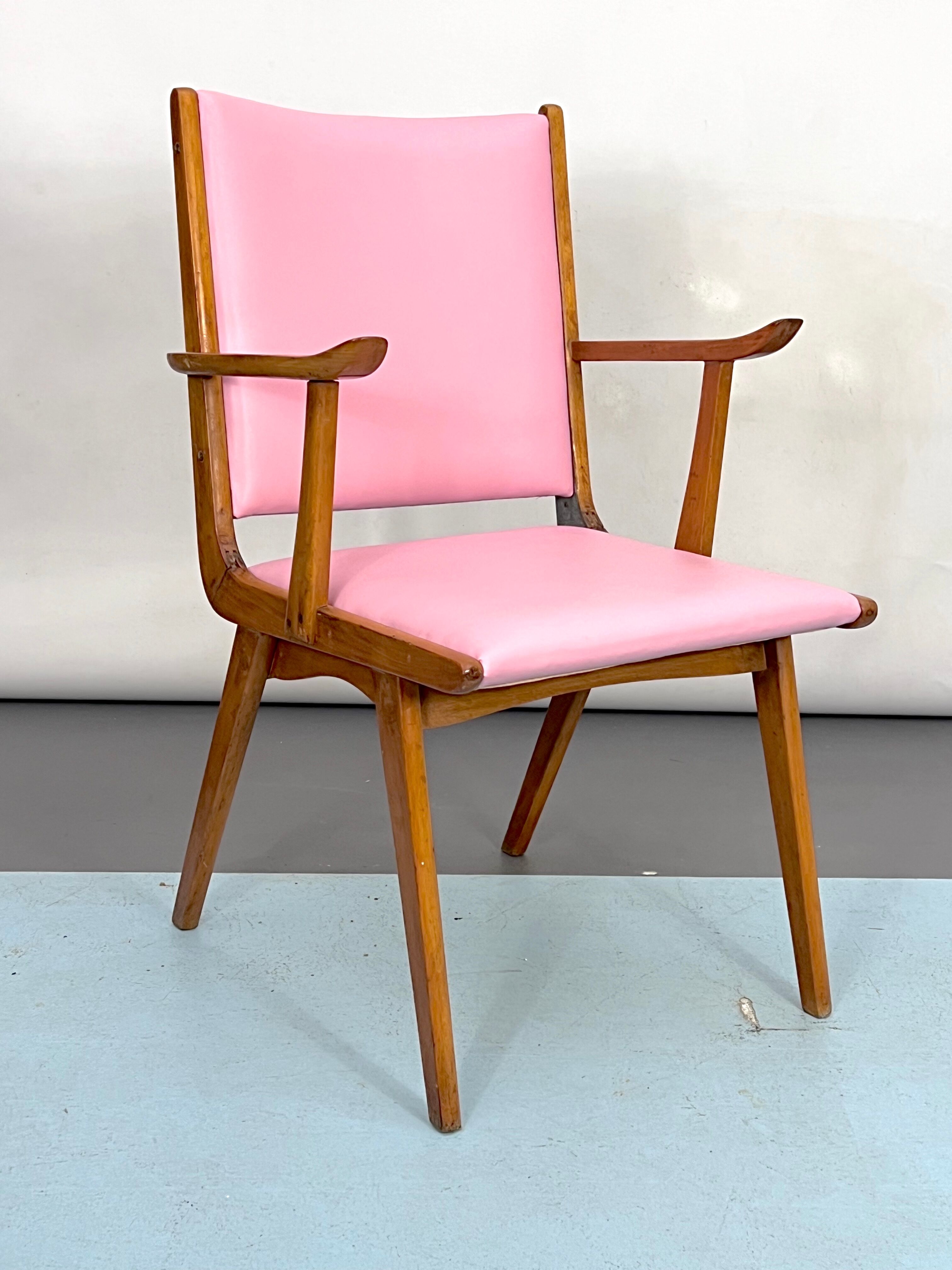 Vintage Italian wood accent chair in pink leatherette. Italy 1950s