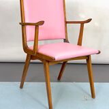 Vintage Italian wood accent chair in pink leatherette. Italy 1950s