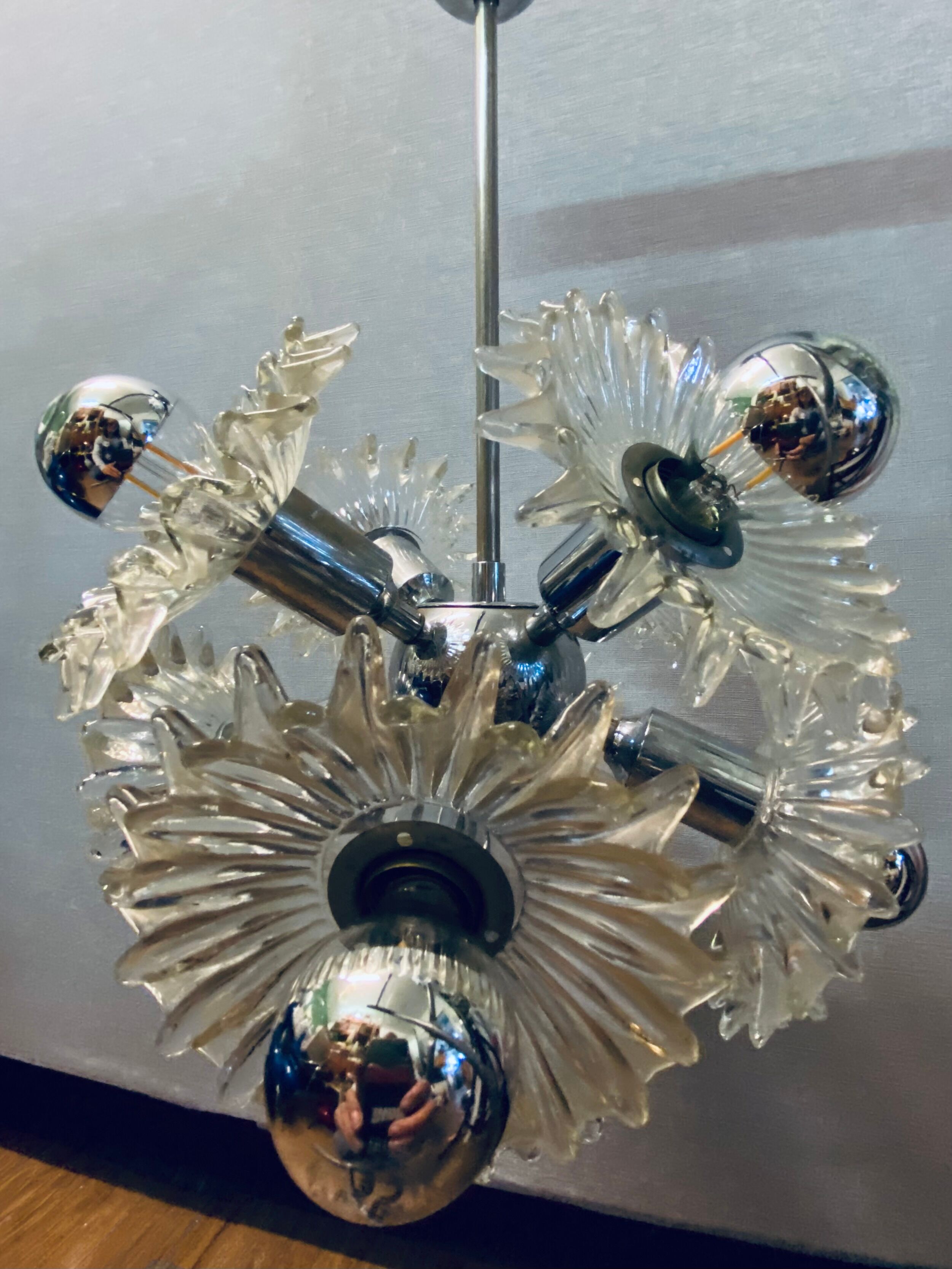 1970s german cosack sputnik dandelion hanging light chrome, glass